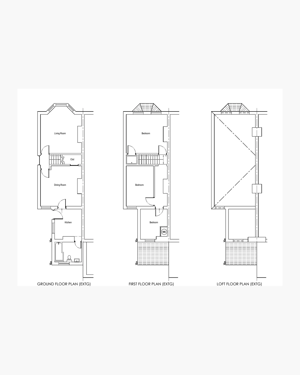 Historic residential existing floor plan drawing, anonymised and presented in monochrome.