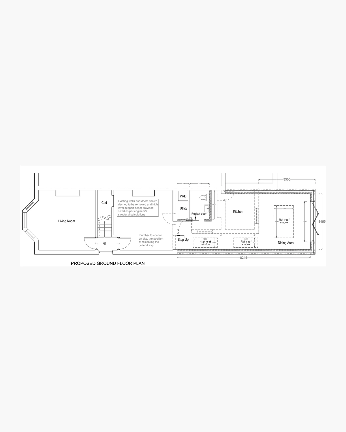Historic residential proposed ground floor plan drawing, anonymised and presented in monochrome.