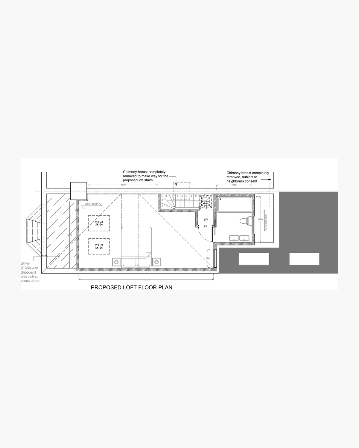 Historic residential loft and technical plan drawing, anonymised and presented in monochrome.