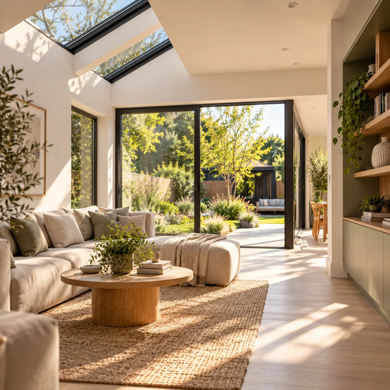 Light-filled living space with rooflights, dark-framed garden glazing and long views through to the garden.
