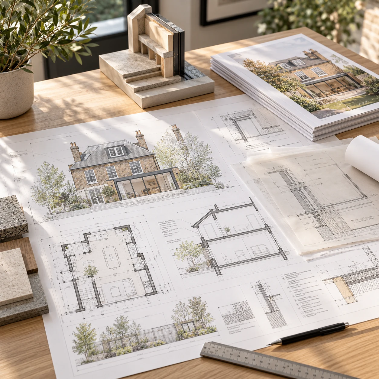 Residential design desk with coordinated plans, sections, construction details, material samples and project imagery.