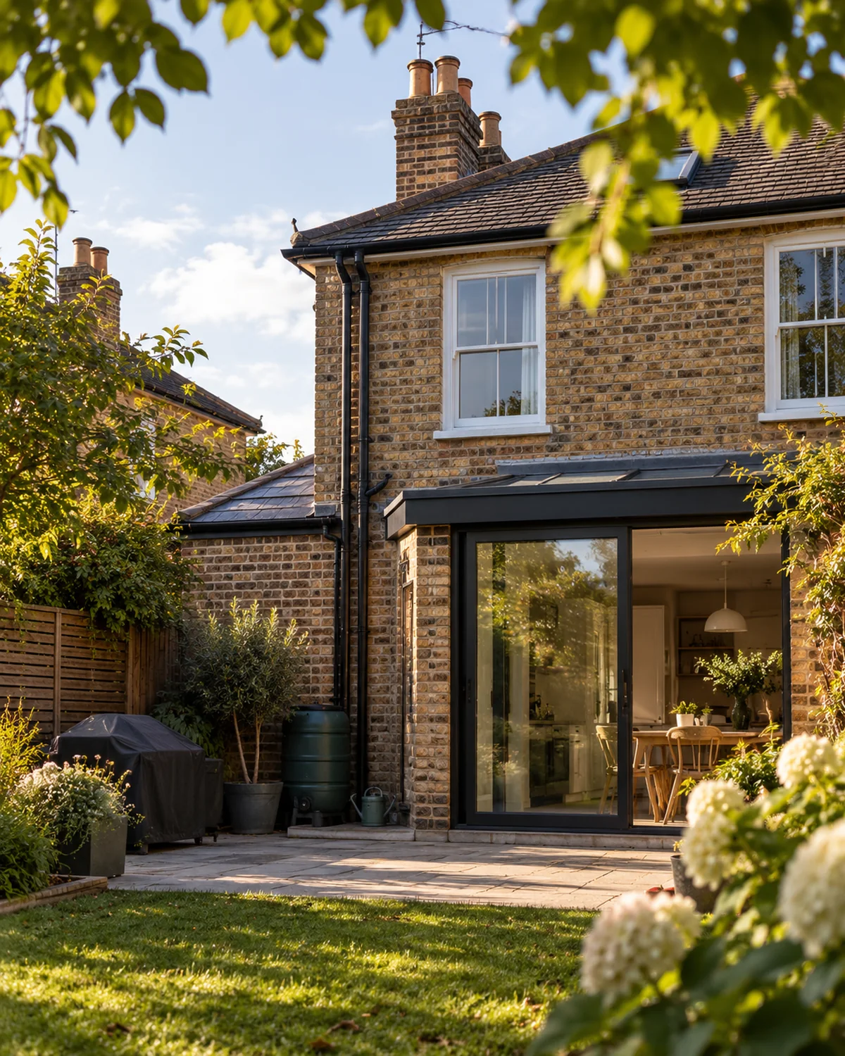 Rear garden view of a brick home showing existing fabric, glazing, planting and everyday exterior details.