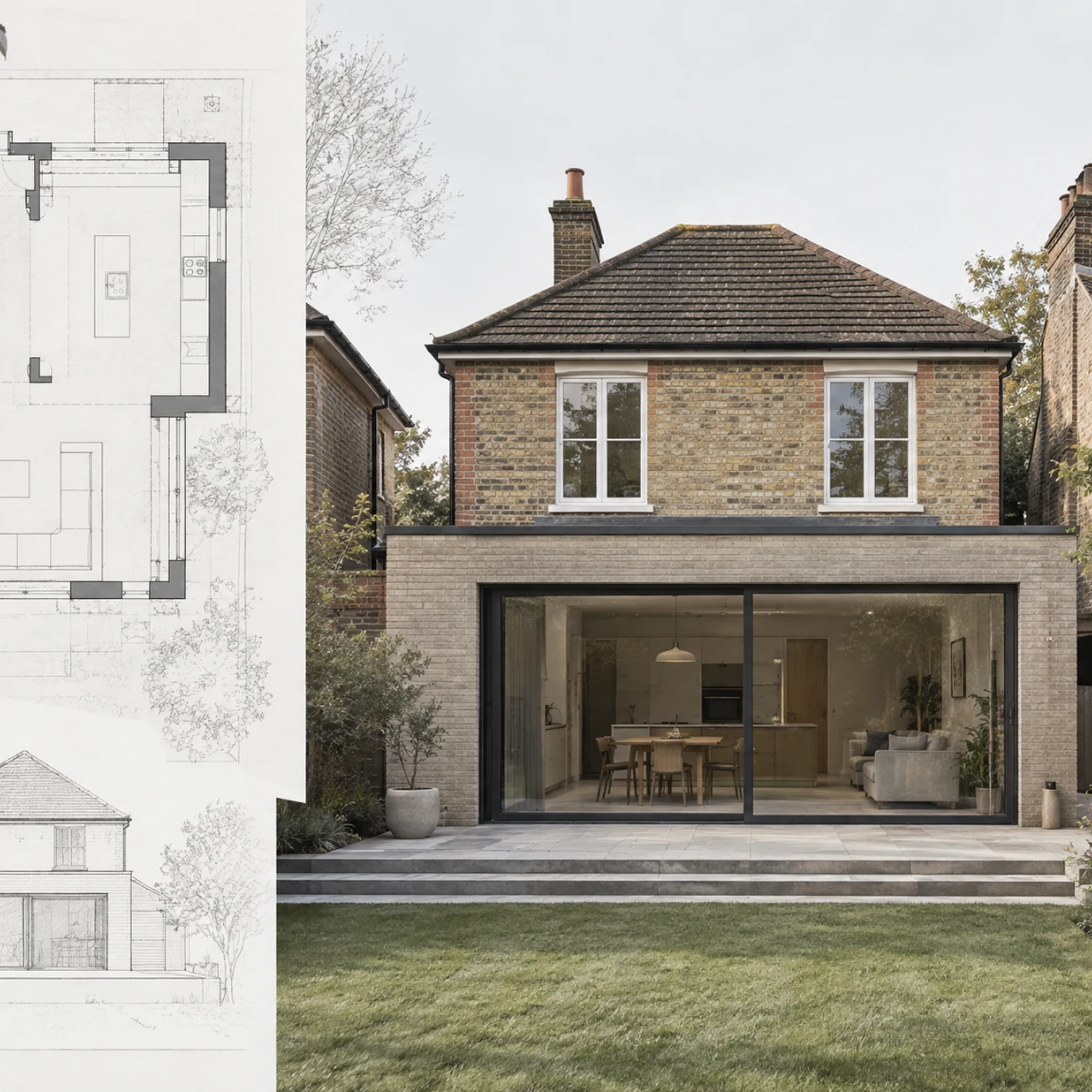 Rear view of a brick house extension shown with floor plan, section drawing and material detail references.